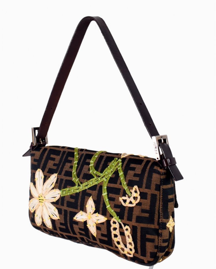 Bolsa Fendi Mamma Baguette Zucca com Bordado Floral